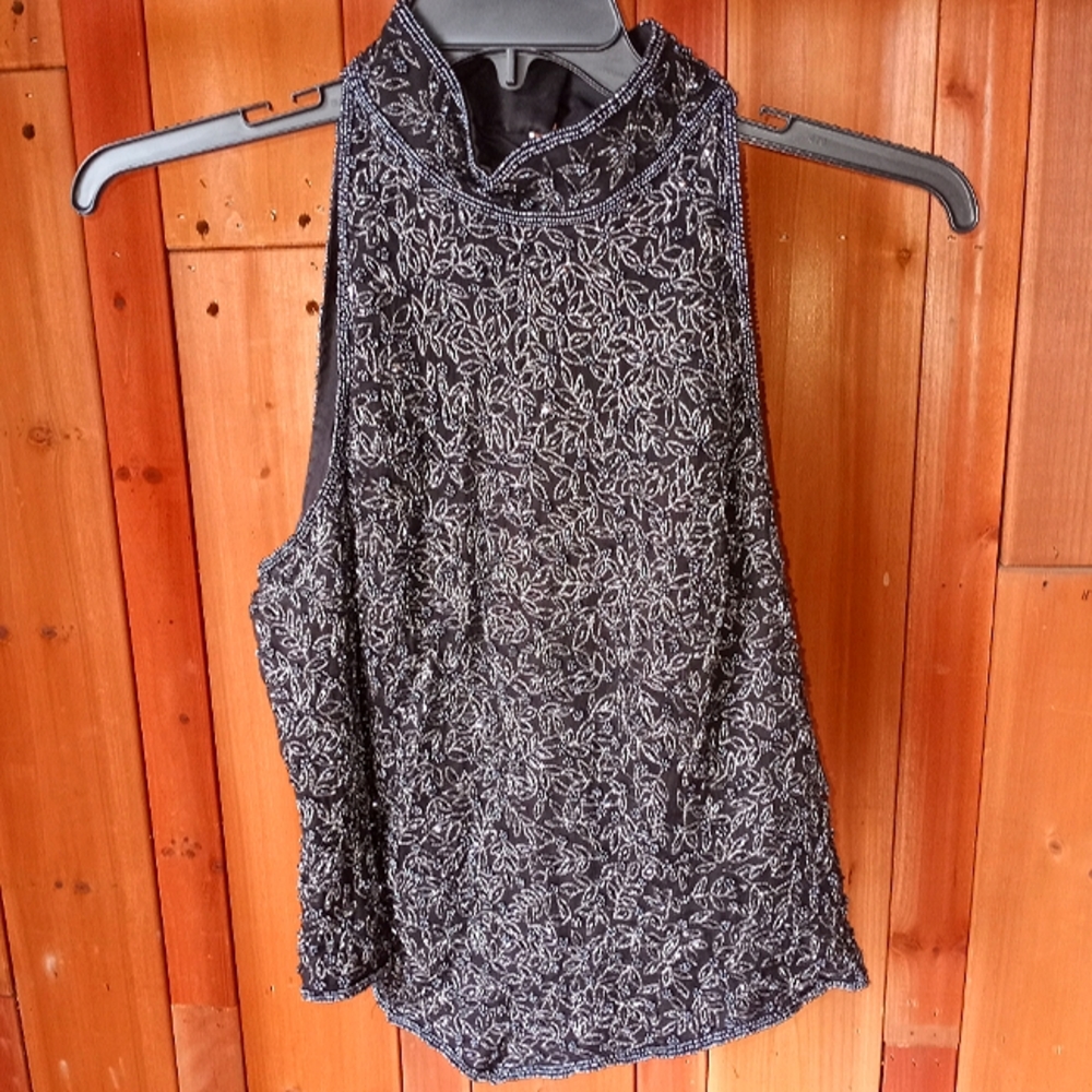 Papell Boutique Black sleeveless top silver bead embroidered flower design